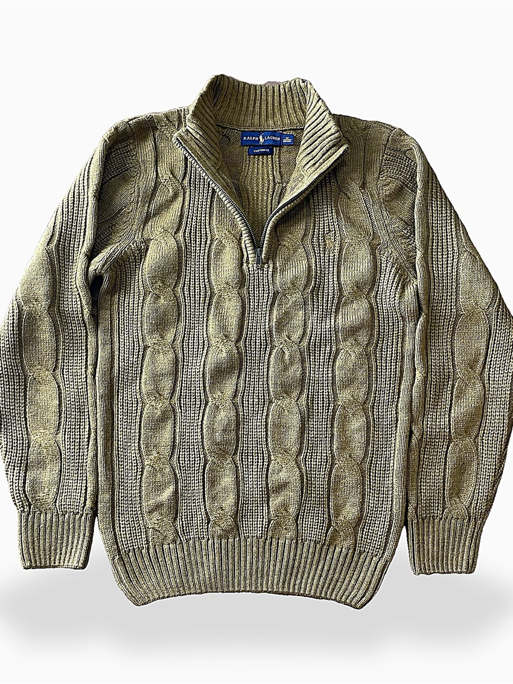 Polo Ralph Lauren Mustard Cable Knit Quarter Zip Sweater Custom Fit Men’s M